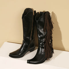 Women's Fringes Tassels Knee High Boots Side Zip-Up Western Cowboy Boots