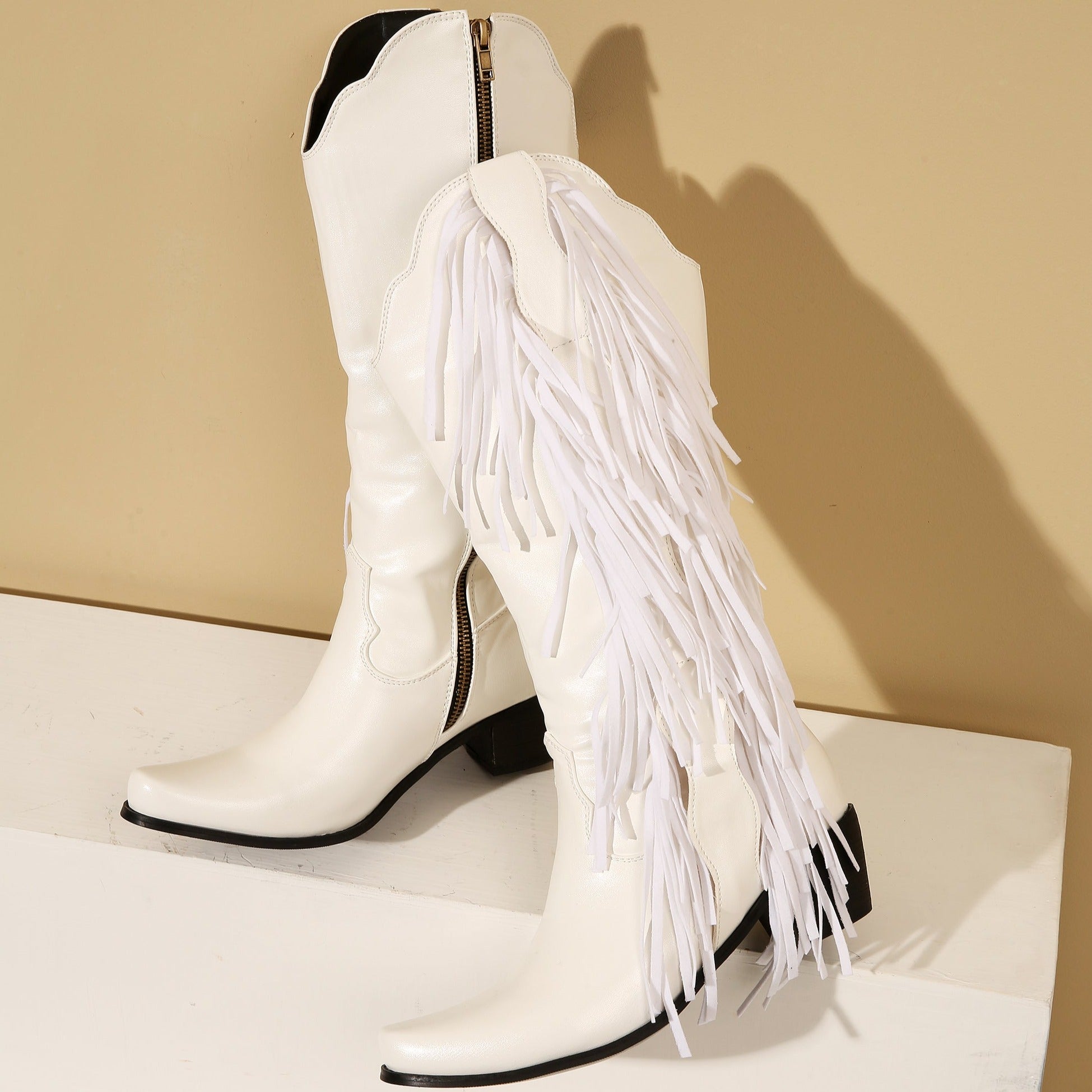 Women's Fringes Tassels Knee High Boots Side Zip-Up Western Cowboy Boots