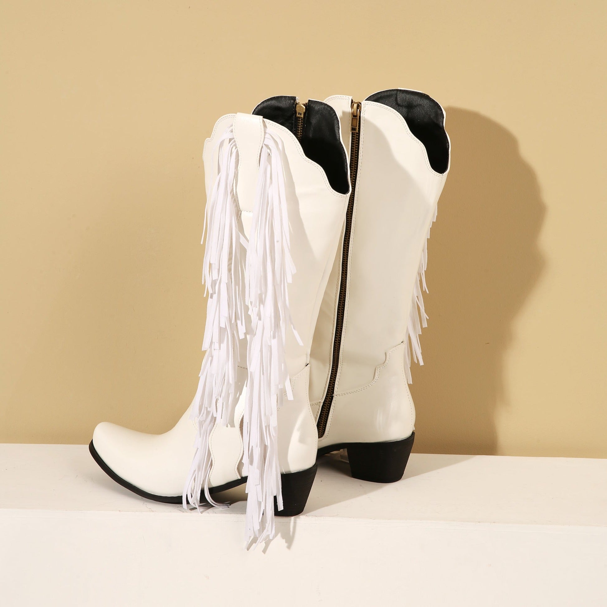 Women's Fringes Tassels Knee High Boots Side Zip-Up Western Cowboy Boots