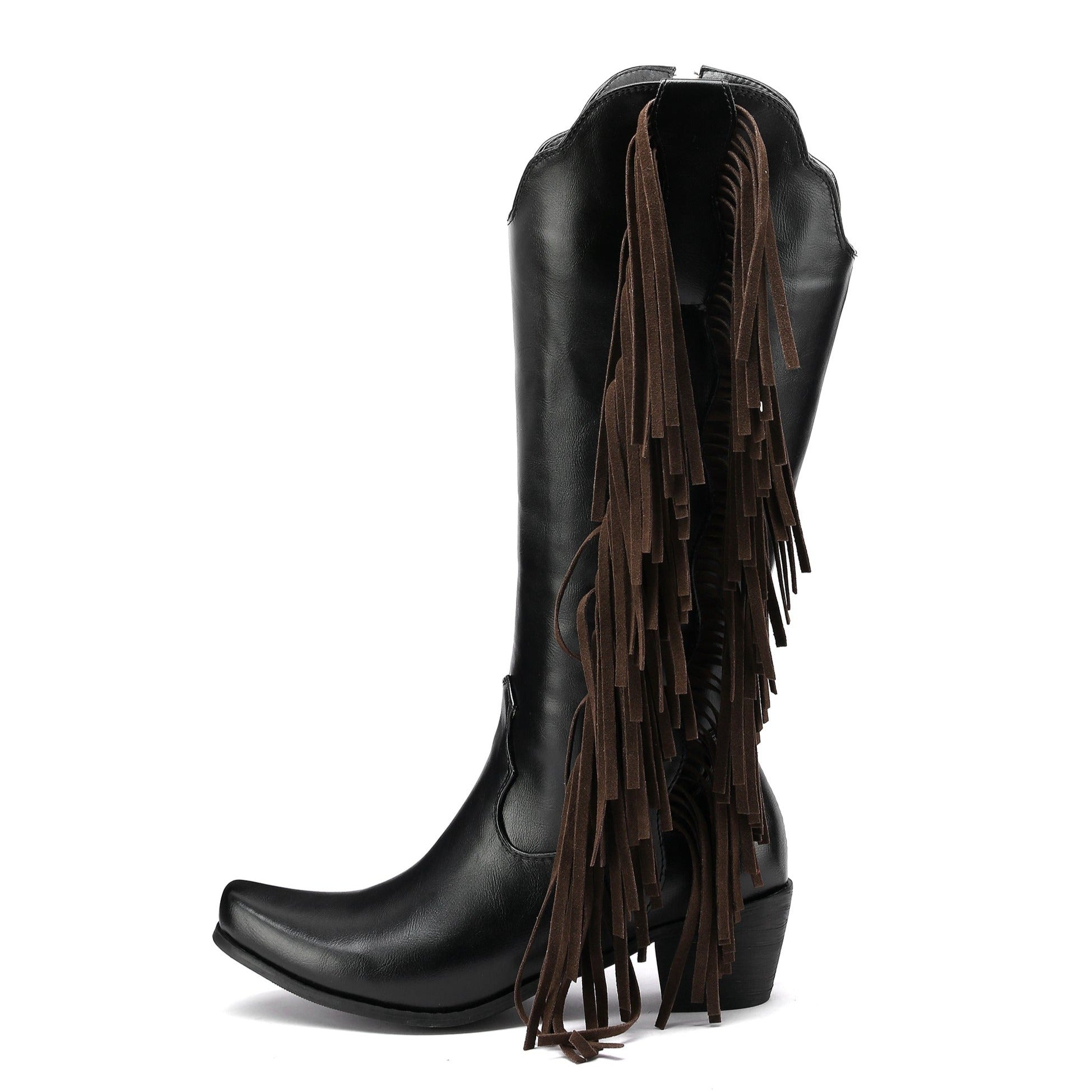 Women's Fringes Tassels Knee High Boots Side Zip-Up Western Cowboy Boots