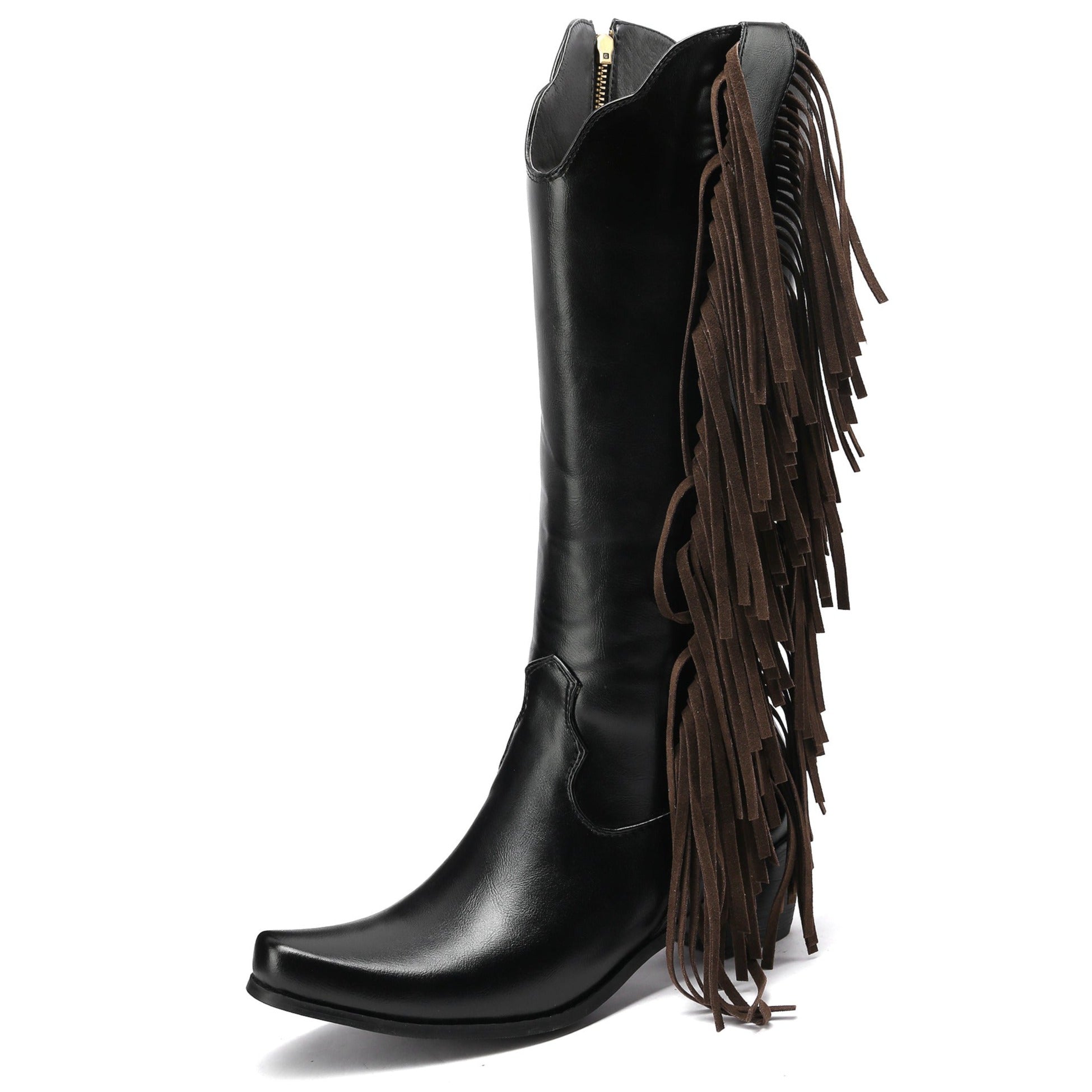 Women's Fringes Tassels Knee High Boots Side Zip-Up Western Cowboy Boots