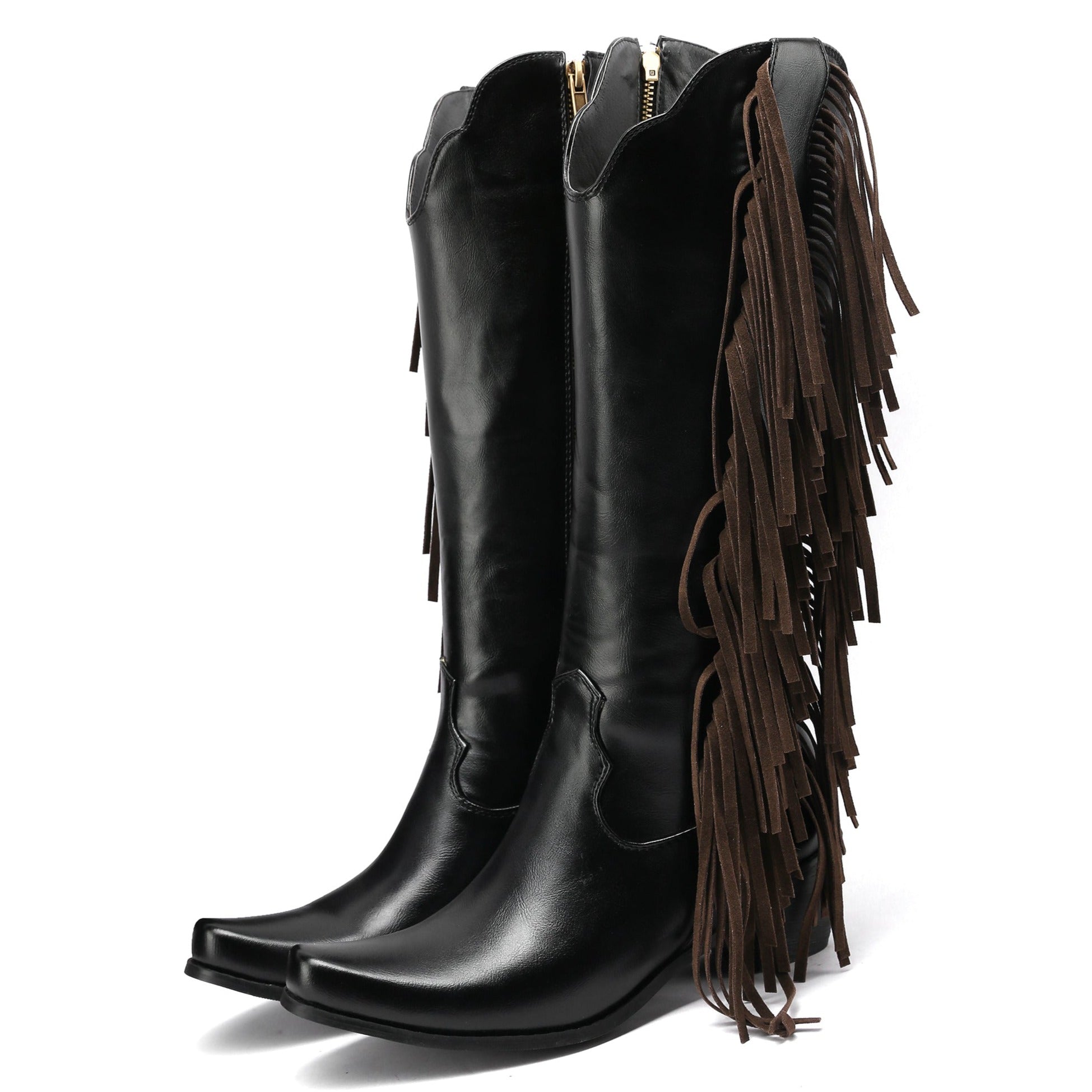 Women's Fringes Tassels Knee High Boots Side Zip-Up Western Cowboy Boots