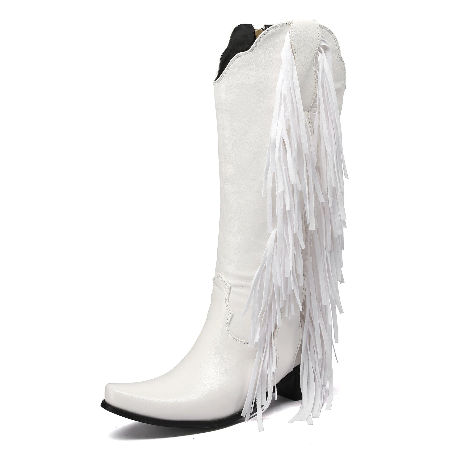 Women's Fringes Tassels Knee High Boots Side Zip-Up Western Cowboy Boots