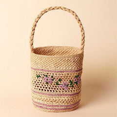 Flora Embroidered Straw Bucket Bag