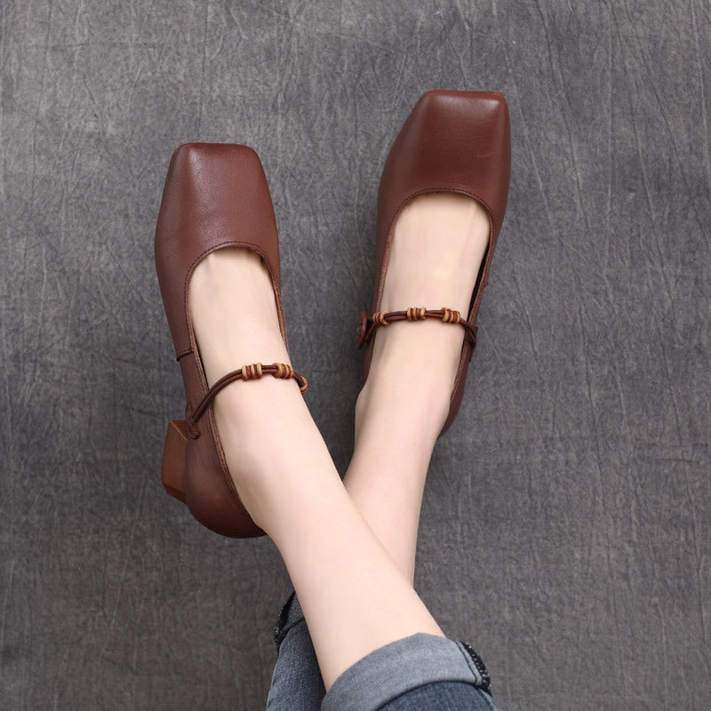 Square Toe Cowhide Leather Chunky Heeled Pumps