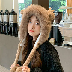 Cute Deer Antler Ear Protection Thickened Plus Fleece Hat