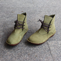 Handmade Green Shoes Ankle Boots Flat Retro Leather Shoes