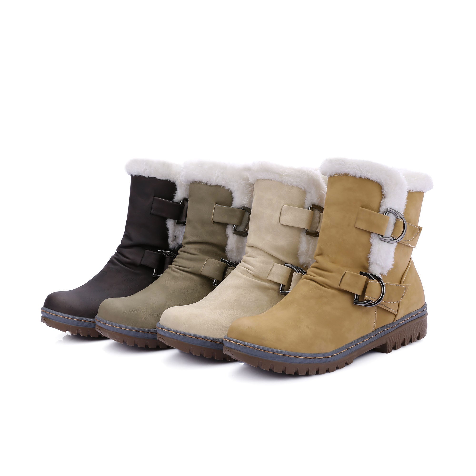 Snow Boots Flats Fur Warm Winter Buckle Slip on Shoes