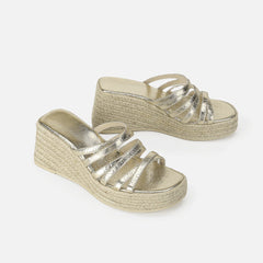 Metallic Gold Crossover Strap Espadrille Wedge Sandals Platform Slippers