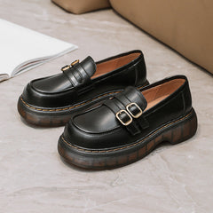 Retro Round Head Metal Buckle Leather Flat JK Loafers