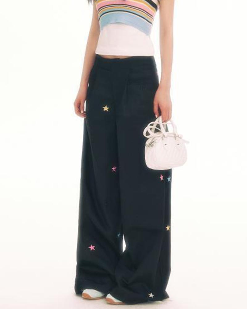 Colorful Star Embroidered Black Cargo Pants
