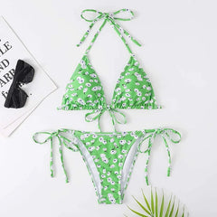 Cute Lace Up Floral Print Bikini Two Pieces Swimsuit