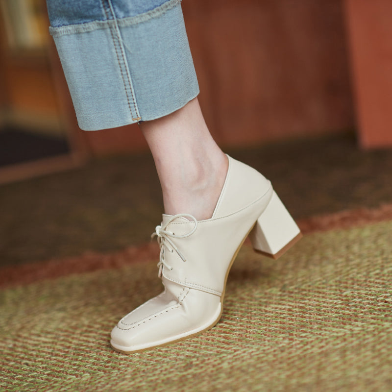 Square-toe Chunky Heel Lace-up Mid-heel Loafers Shoes for Women