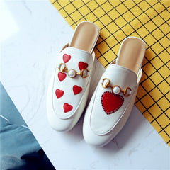 Red Heart Buckle Shoes Leather Mules