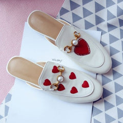 Red Heart Buckle Shoes Leather Mules