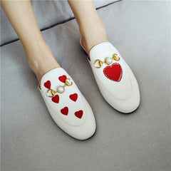 Red Heart Buckle Shoes Leather Mules