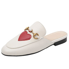 Red Heart Buckle Shoes Leather Mules