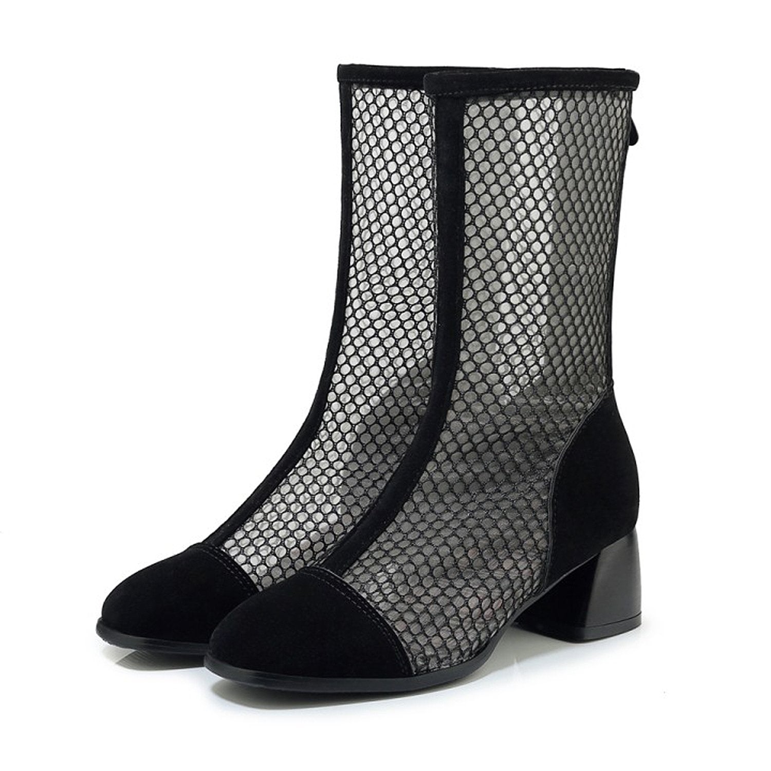 Mesh Zipper Fish Mouth Low-heeled Boots