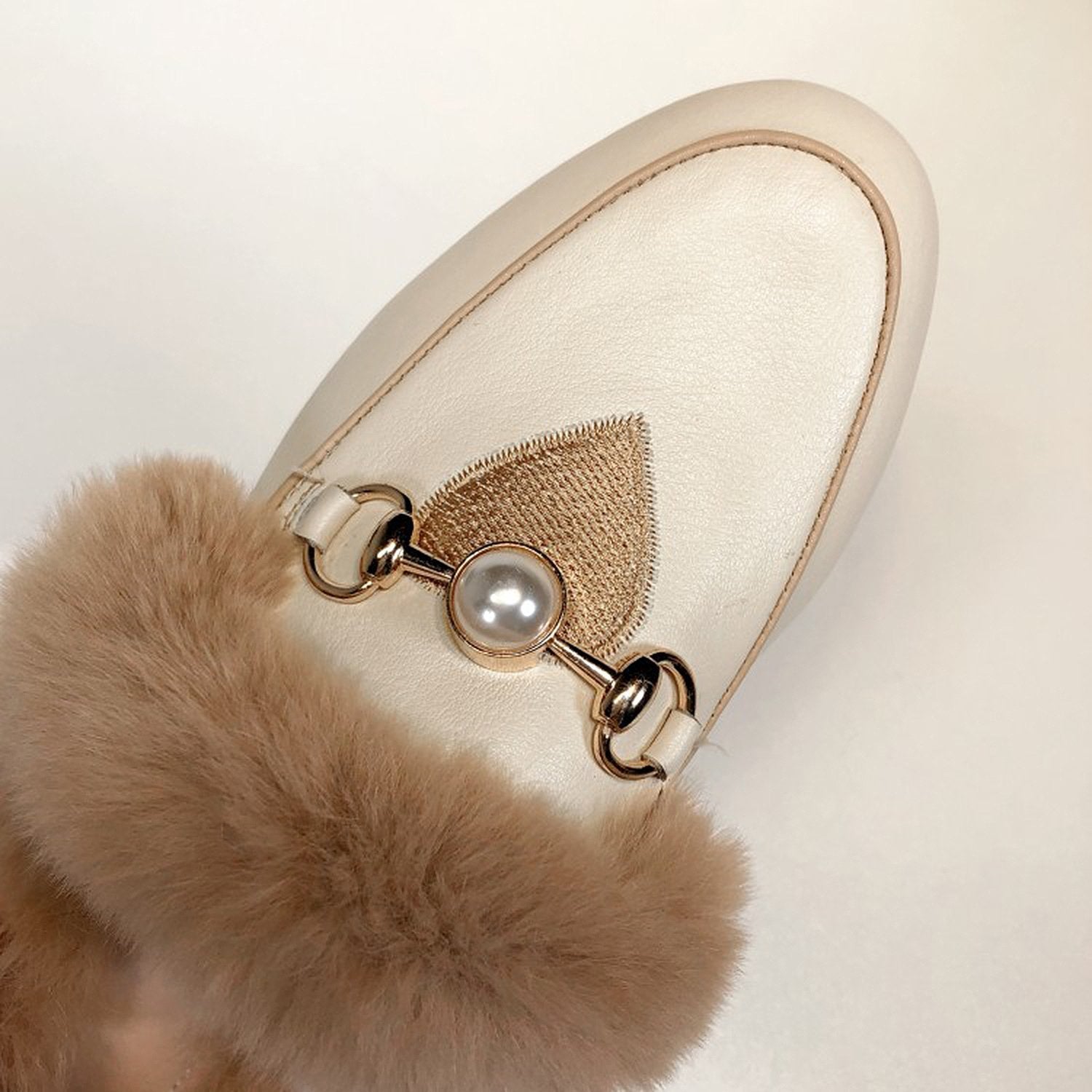Embroidered Fur Pearl Buckle Slippers Mules Flat