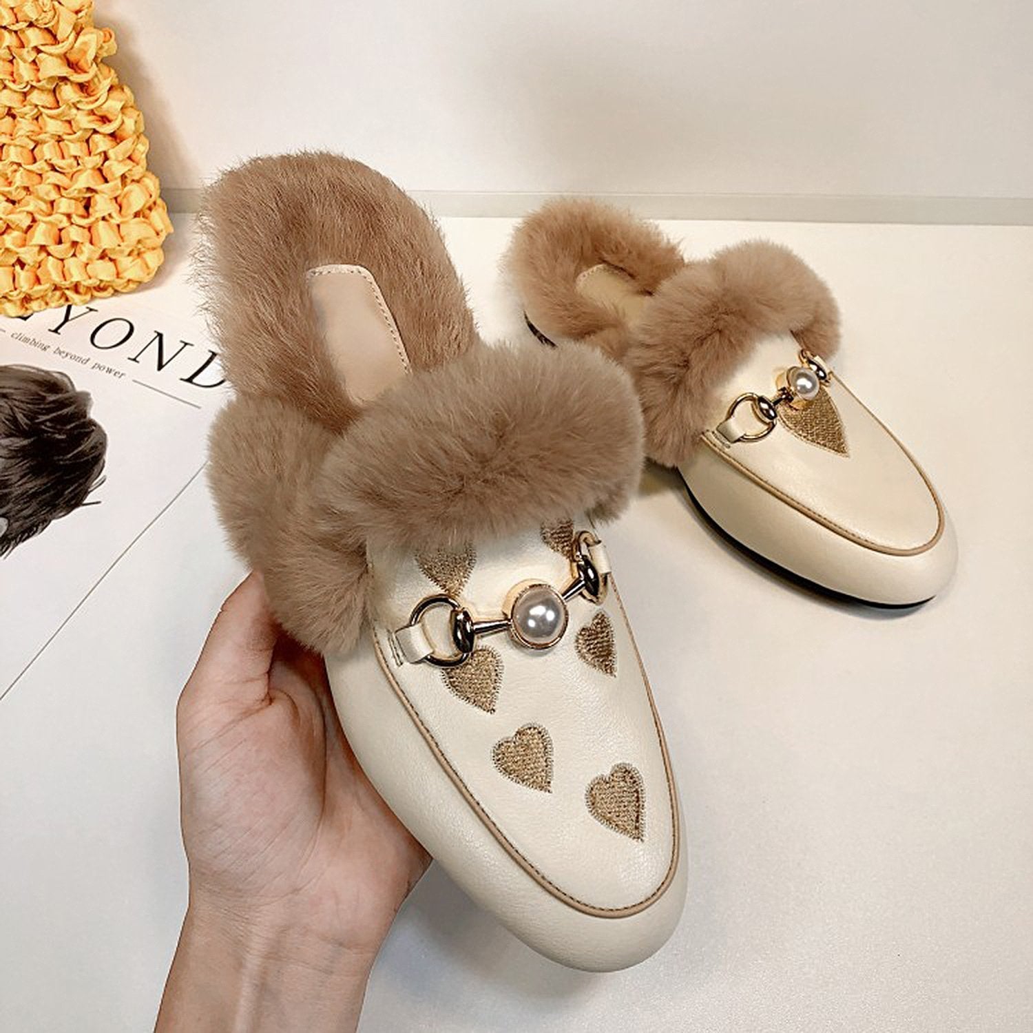Embroidered Fur Pearl Buckle Slippers Mules Flat