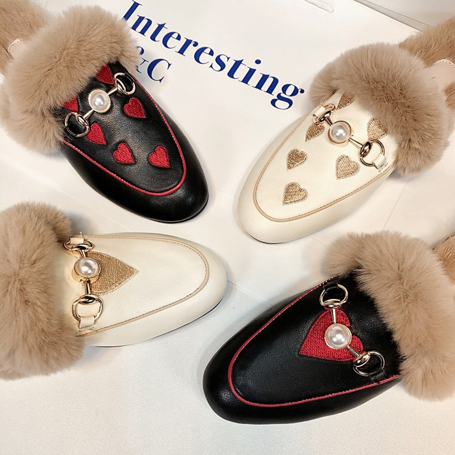 Embroidered Fur Pearl Buckle Slippers Mules Flat