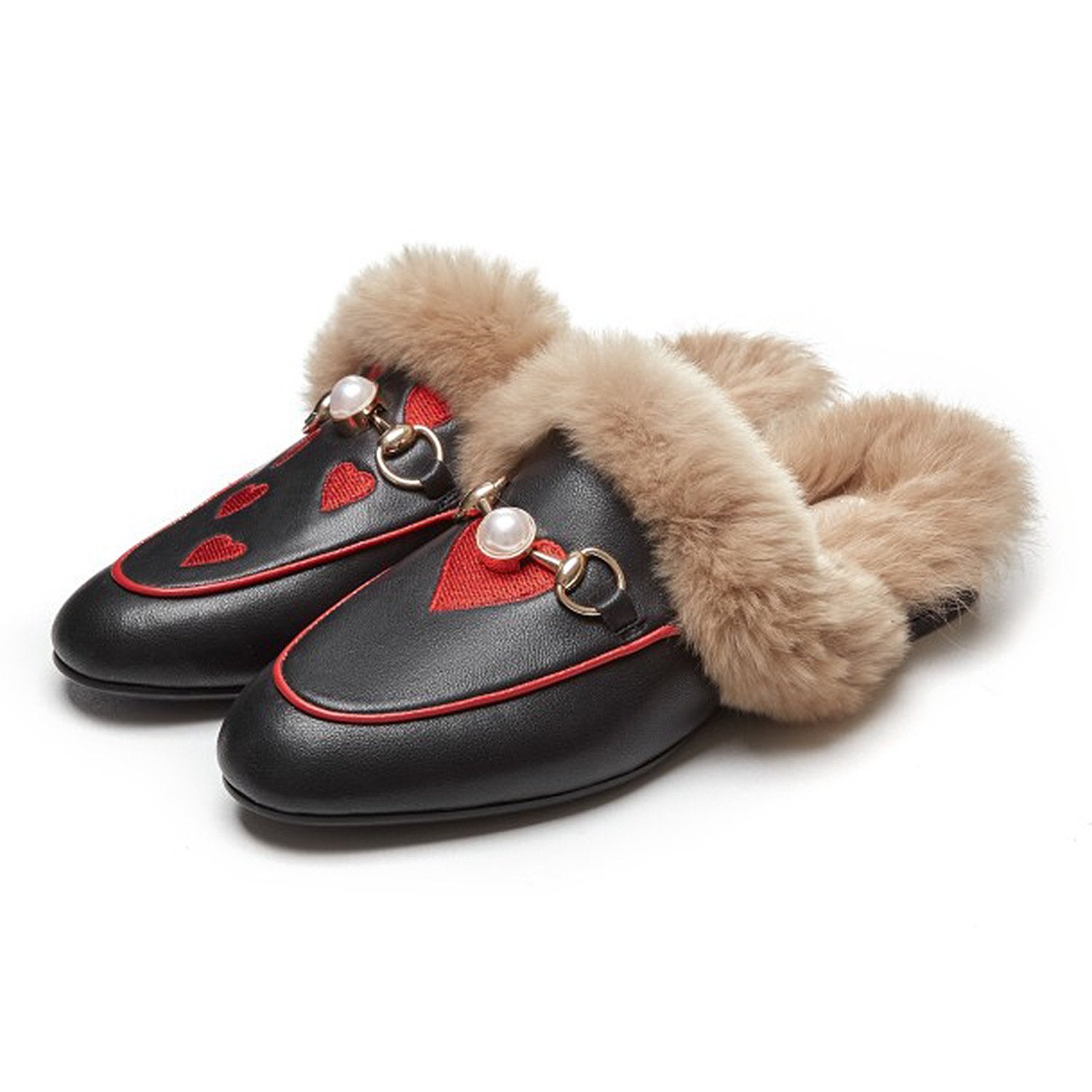 Embroidered Fur Pearl Buckle Slippers Mules Flat