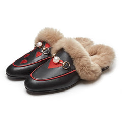 Embroidered Fur Pearl Buckle Slippers Mules Flat