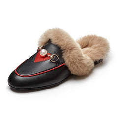 Embroidered Fur Pearl Buckle Slippers Mules Flat