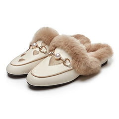 Embroidered Fur Pearl Buckle Slippers Mules Flat
