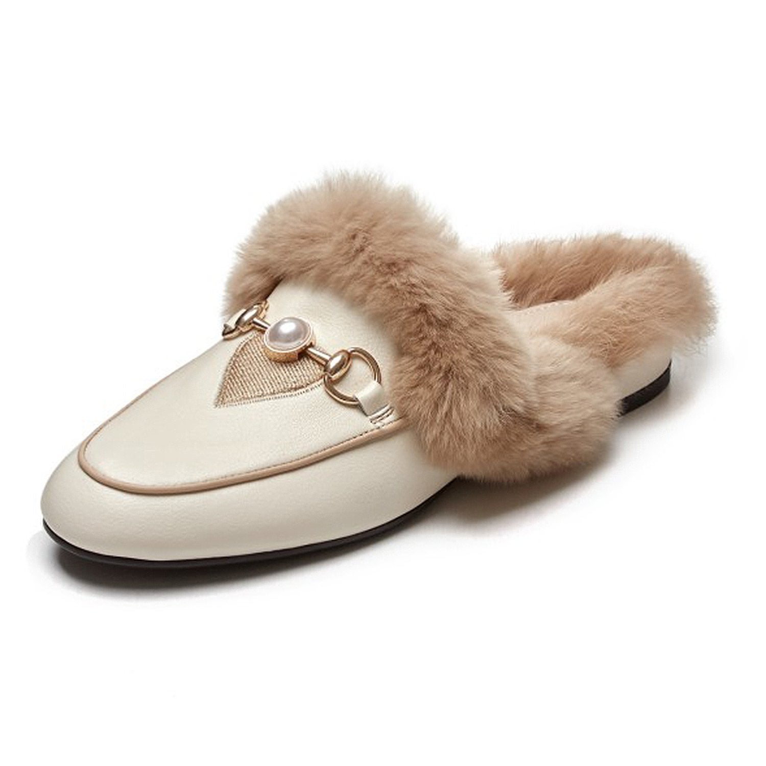 Embroidered Fur Pearl Buckle Slippers Mules Flat