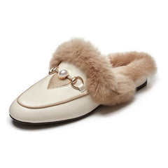 Embroidered Fur Pearl Buckle Slippers Mules Flat
