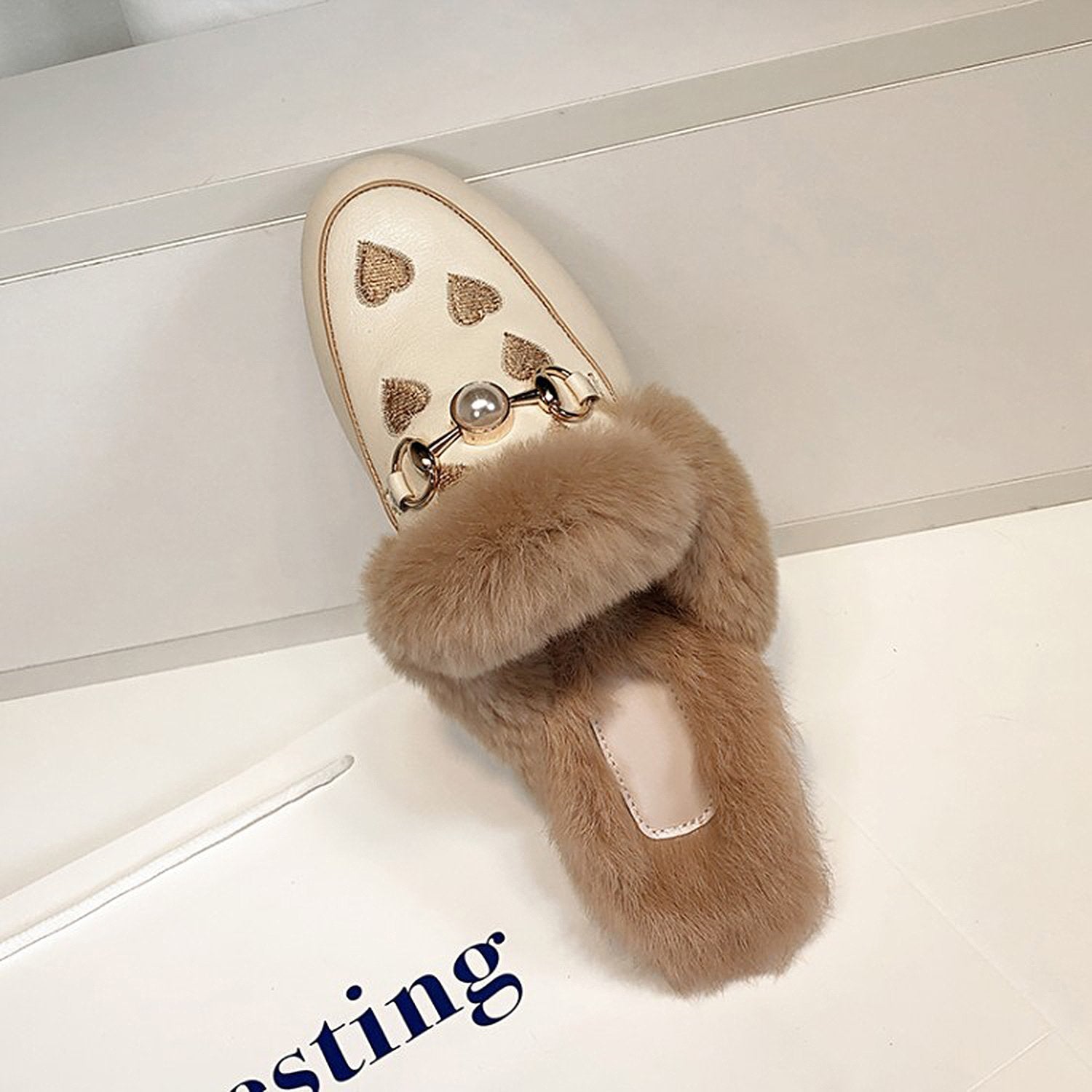 Embroidered Fur Pearl Buckle Slippers Mules Flat