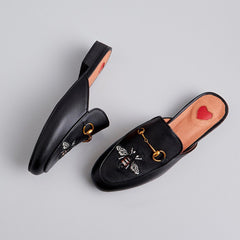 Embroidery Bee Buckle Mules Flat