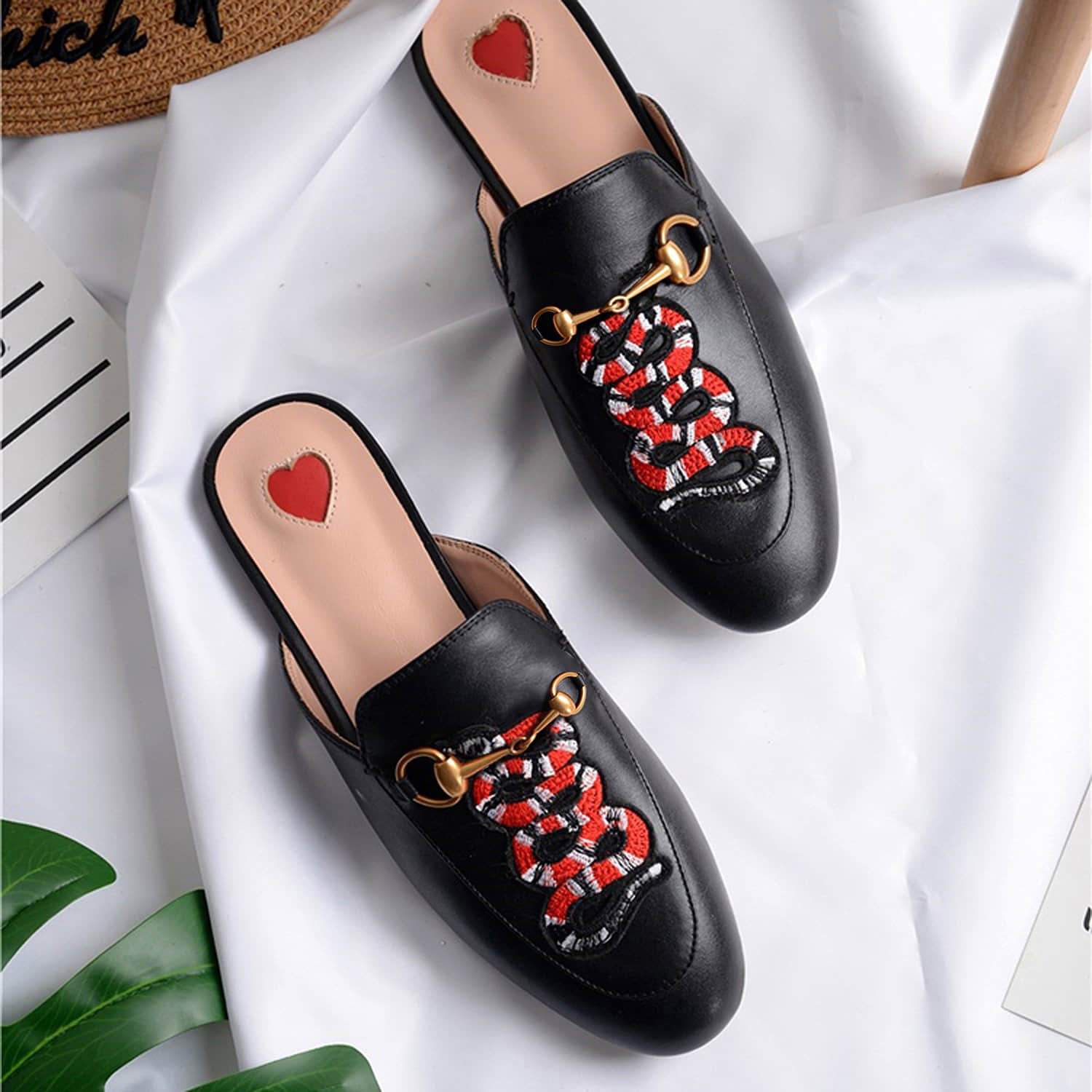Heart Metal Buckle Embroidery Pattern Mules