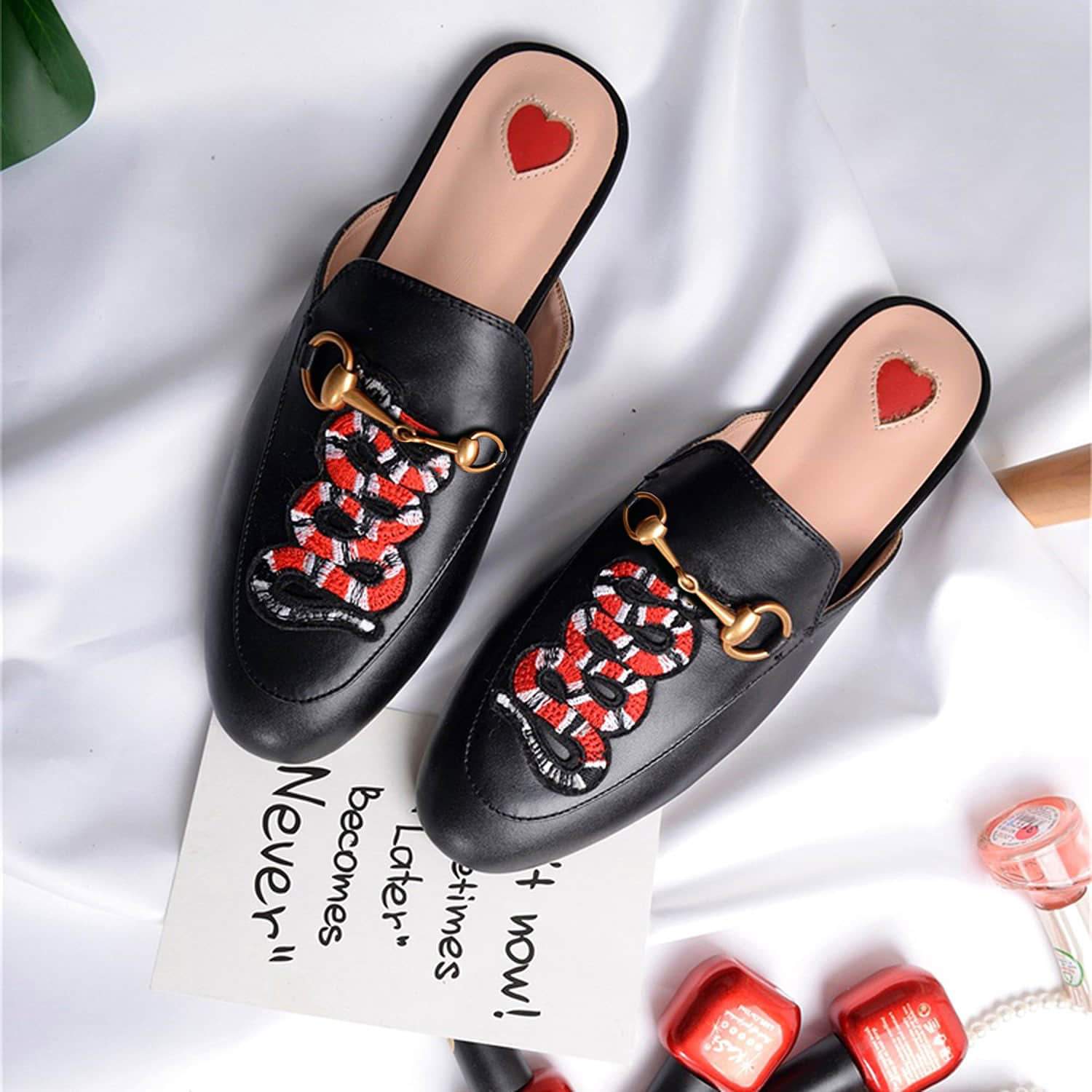 Heart Metal Buckle Embroidery Pattern Mules