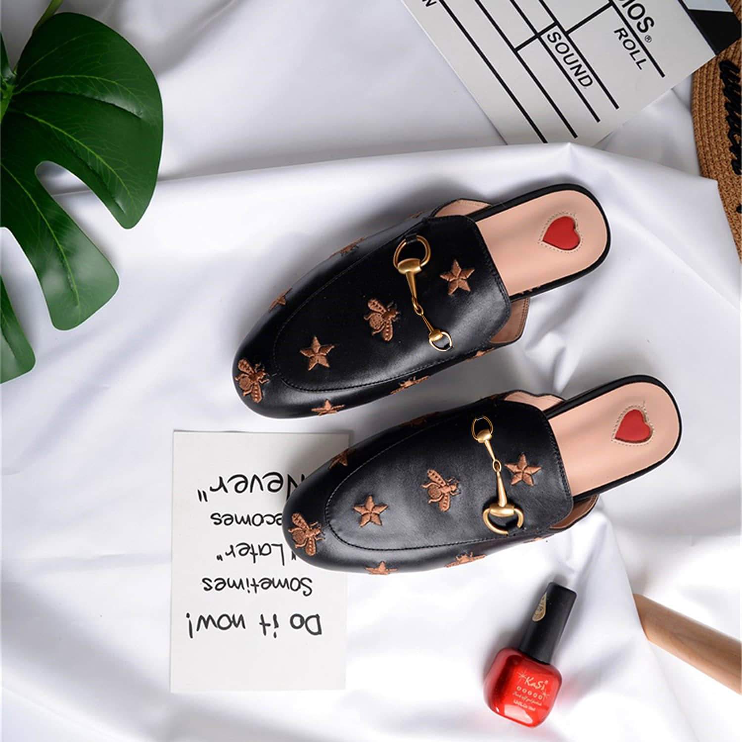 Heart Metal Buckle Embroidery Pattern Mules