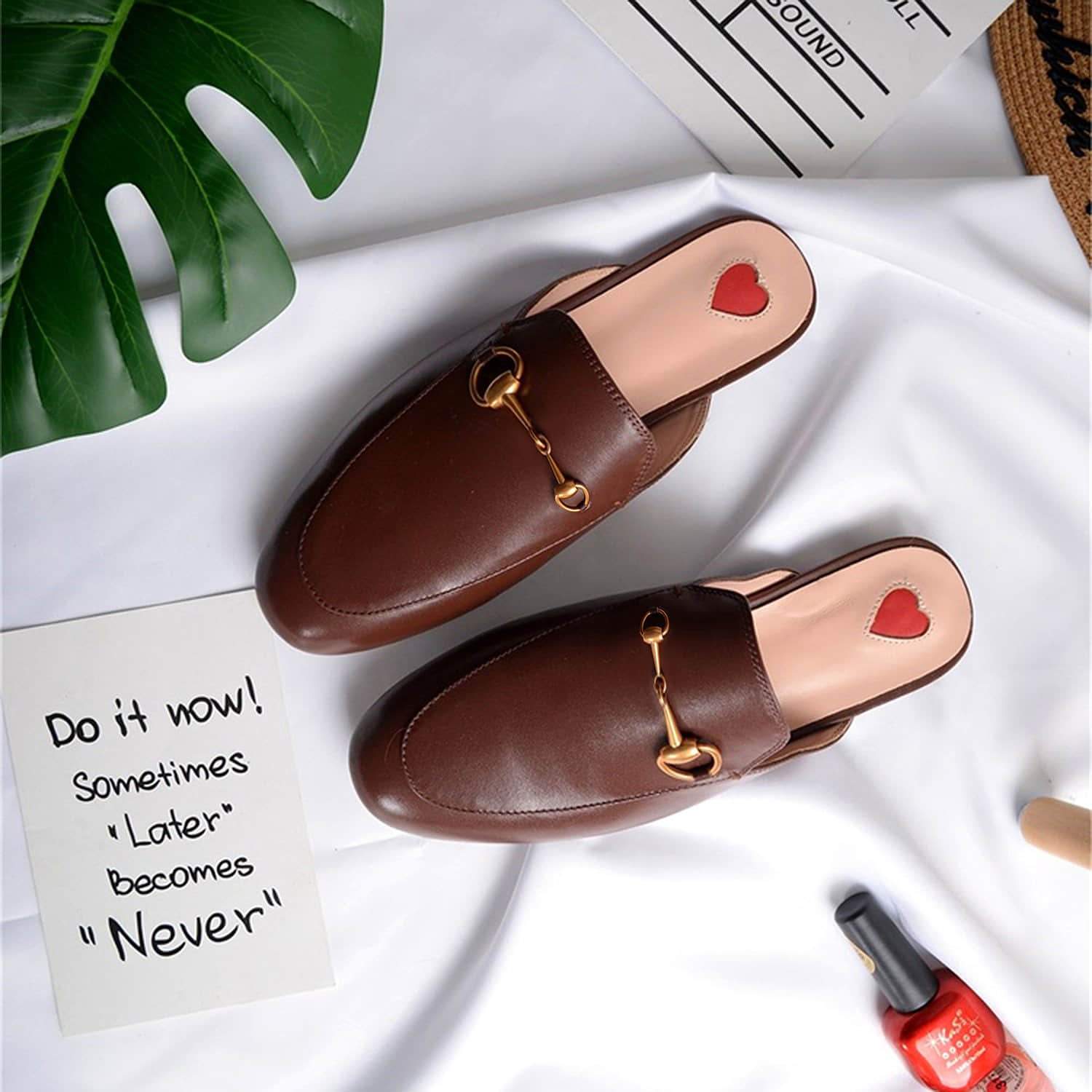 Red Heart Buckle Shoes Mules