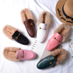 Horsebit Backless Fur Flat Slippers Mules