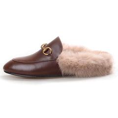 Horsebit Backless Fur Flat Slippers Mules