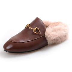 Horsebit Backless Fur Flat Slippers Mules