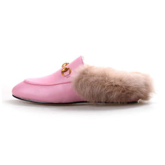 Horsebit Backless Fur Flat Slippers Mules