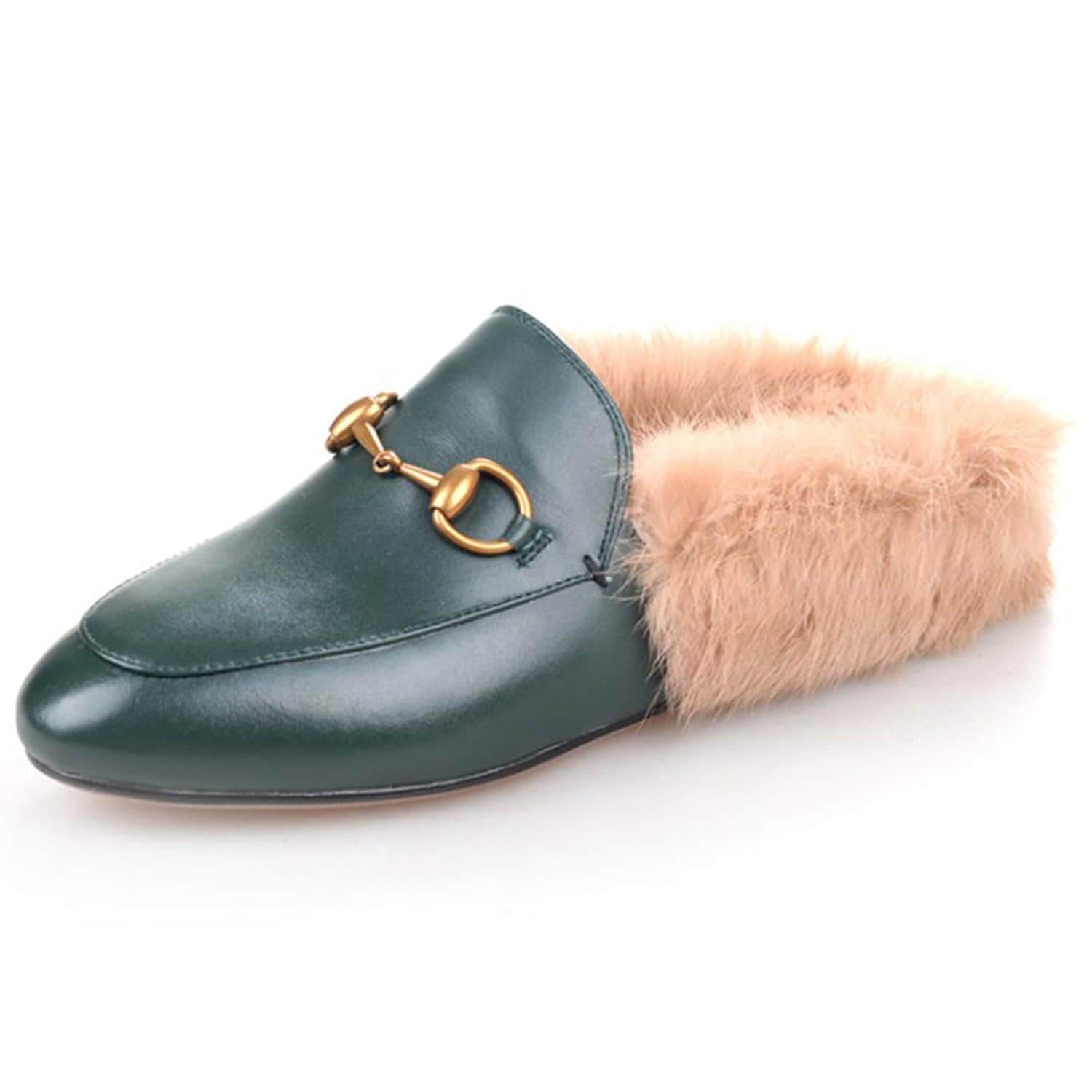 Horsebit Backless Fur Flat Slippers Mules