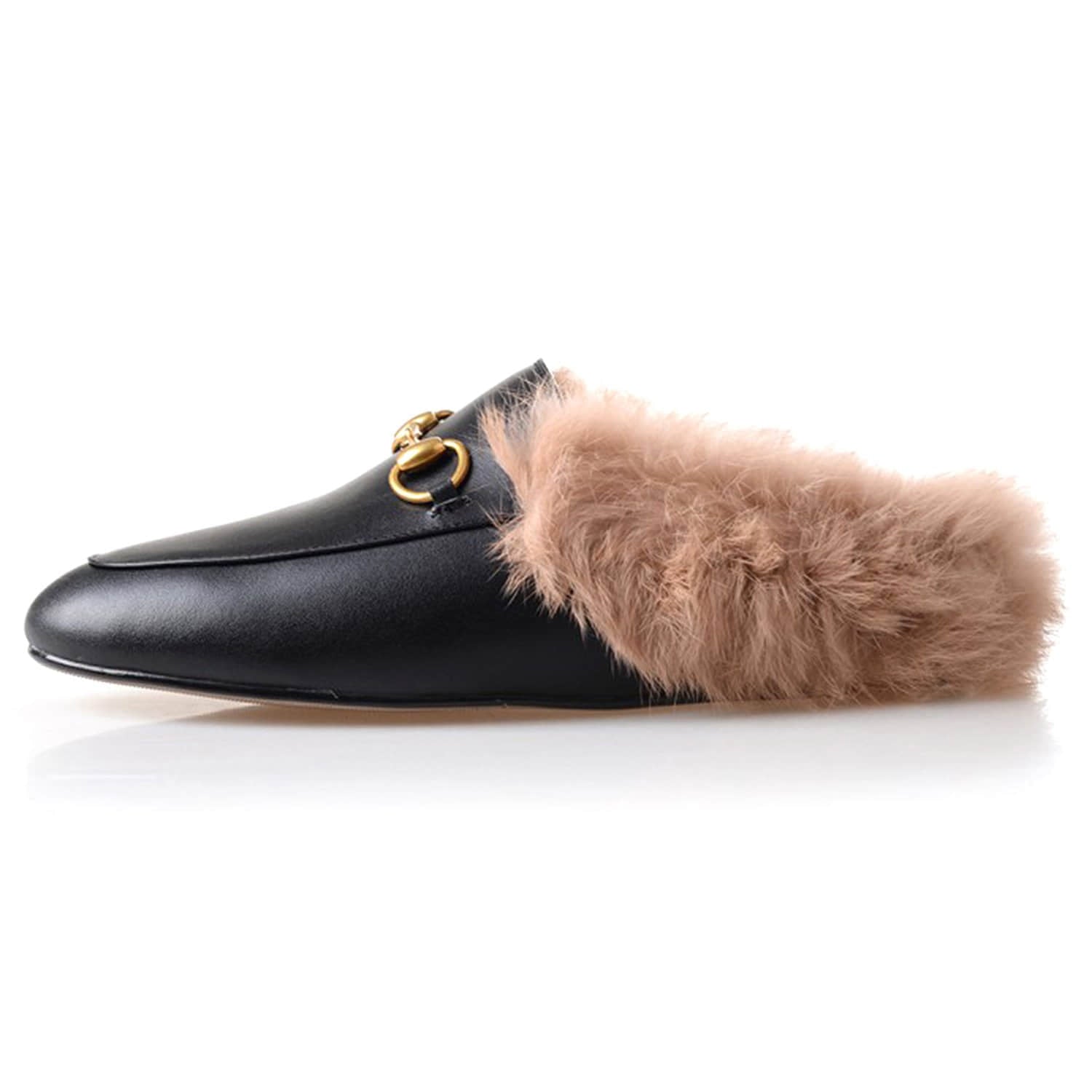 Horsebit Backless Fur Flat Slippers Mules