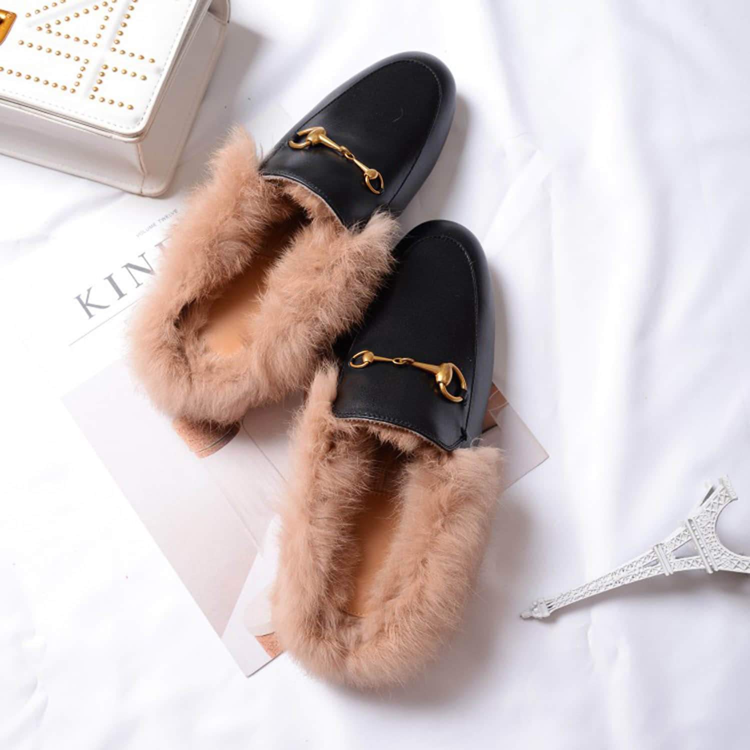 Horsebit Backless Fur Flat Slippers Mules