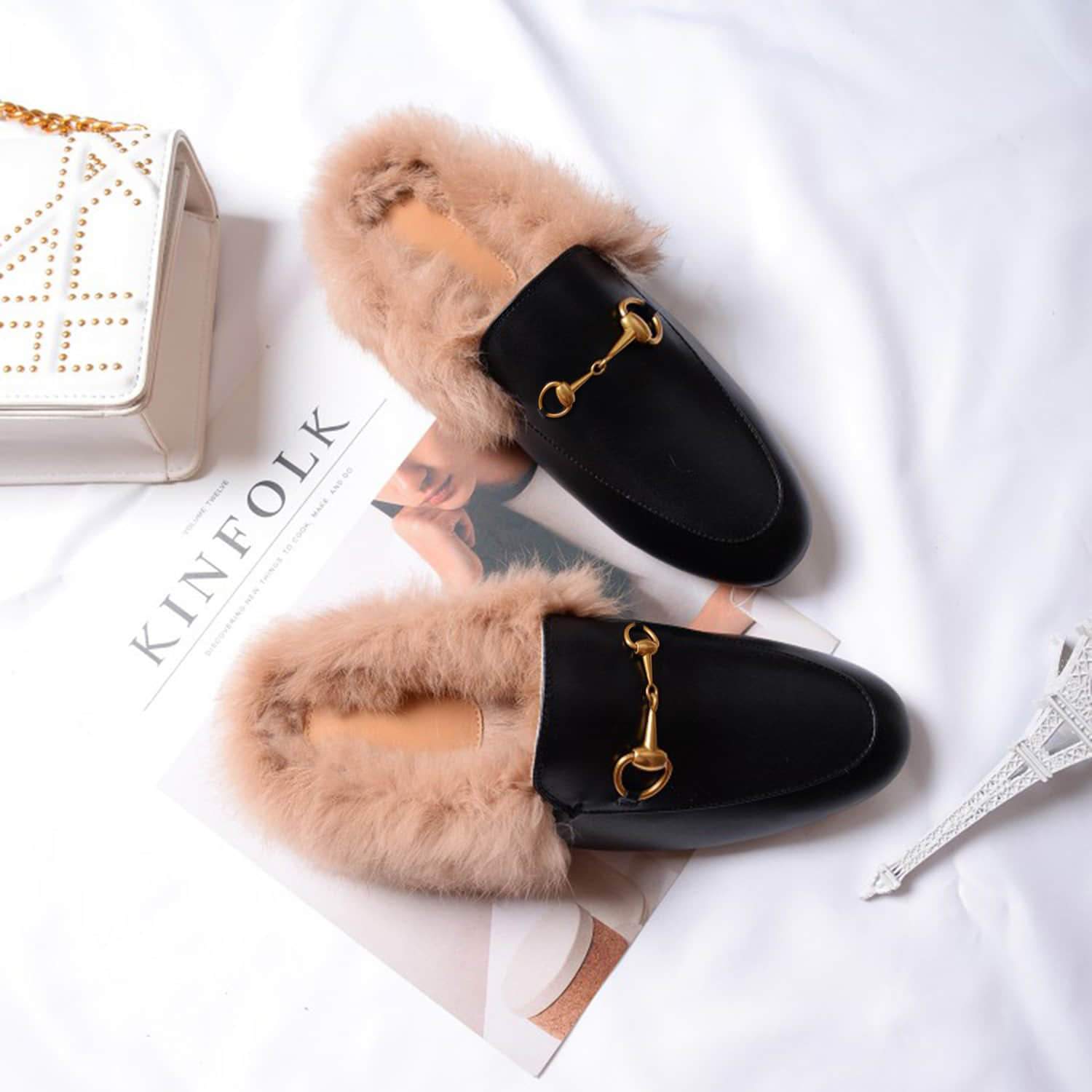 Horsebit Backless Fur Flat Slippers Mules