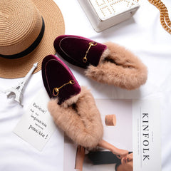 Classic Horsebit Velvet Fur Flat Loafers