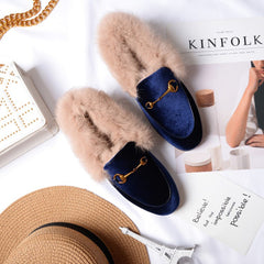 Classic Horsebit Velvet Fur Flat Loafers