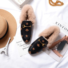 Horsebit Bee Star Embroidered Fur Loafers