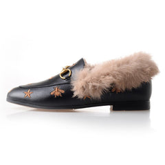 Horsebit Bee Star Embroidered Fur Loafers