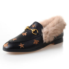 Horsebit Bee Star Embroidered Fur Loafers